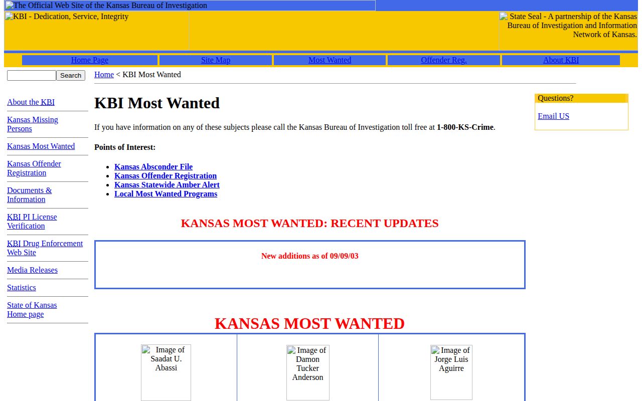 Kansas Bureau of Investigation Most Wanted page interface