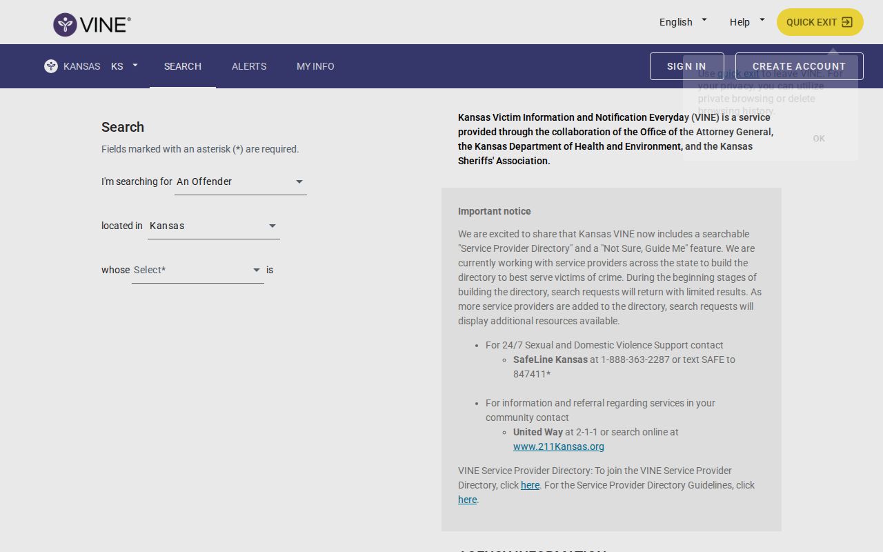 VINELink Kansas interface for Stevens County jail custody record searches